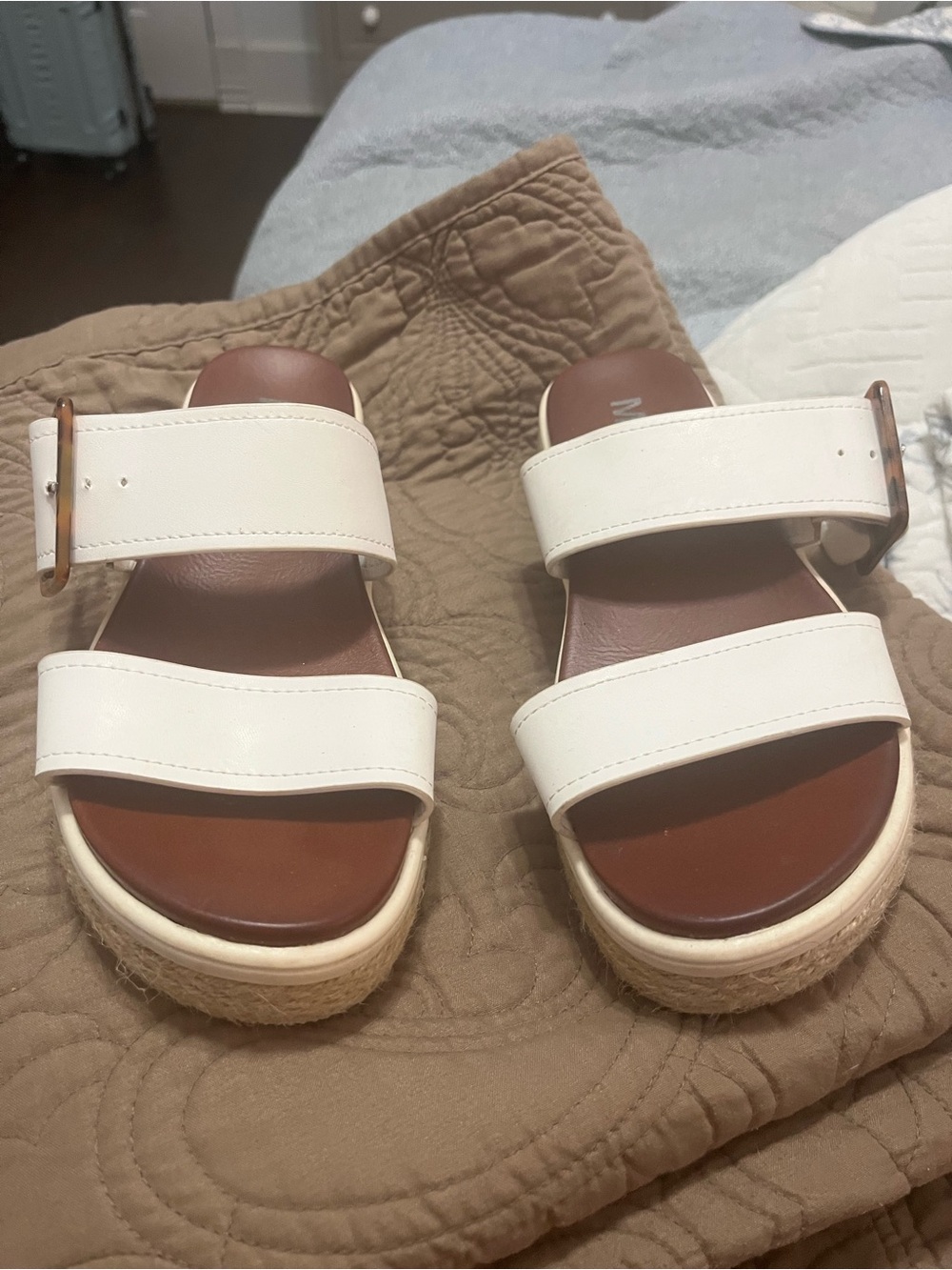 MIA White Double-Strap Espadrille Slide Sandals with Brown Footbed